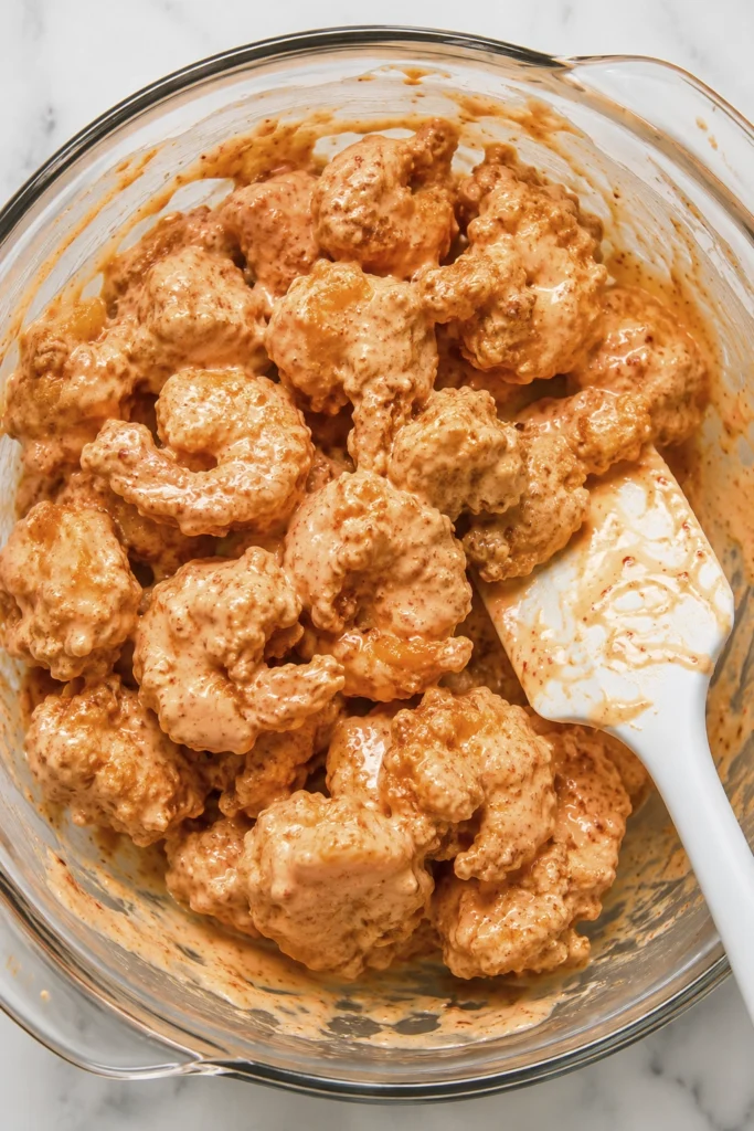Breaded shrimp mixed in a creamy homemade spicy sauce inside a glass bowl