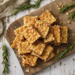 Stack of crisp homemade cracker layers arranged on a rustic wooden board