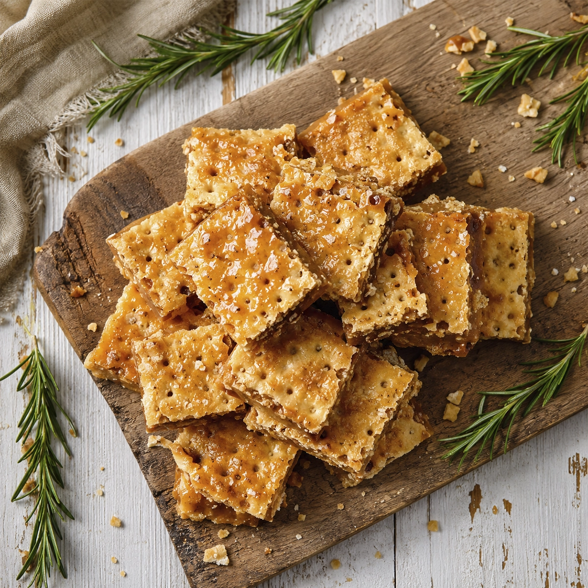 Stack of crisp homemade cracker layers arranged on a rustic wooden board