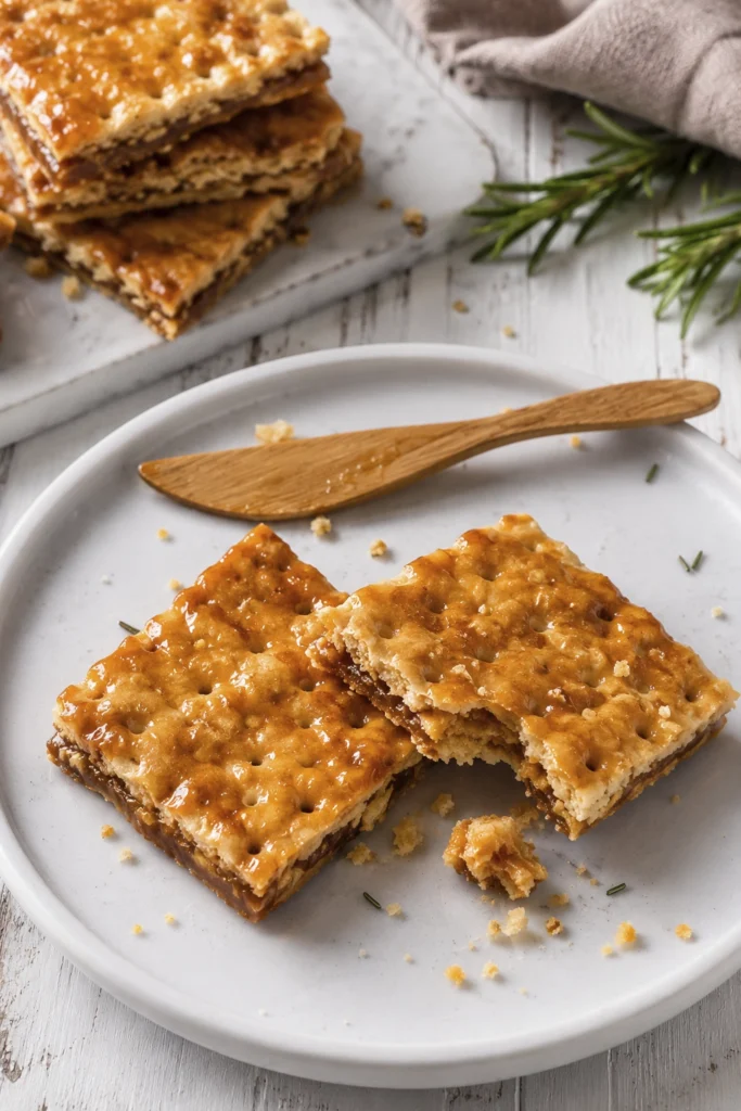 Caramel filled cracker bars served on a white plate with a bite taken out