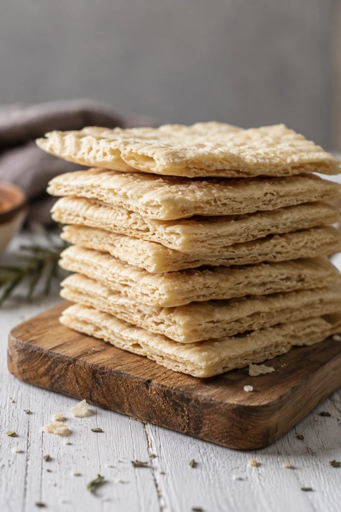 Golden caramel cracker squares arranged on a wooden board with rosemary sprigs