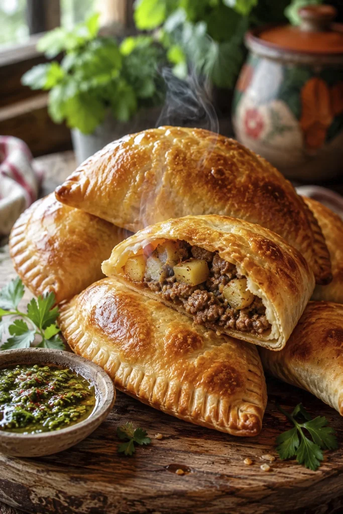 Golden pastry turnovers served on a rustic wooden table with chimichurri sauce and fresh herbs