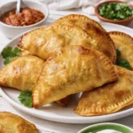 Freshly baked empanadas with a flaky golden crust and seasoned beef potato filling displayed on a white serving plate