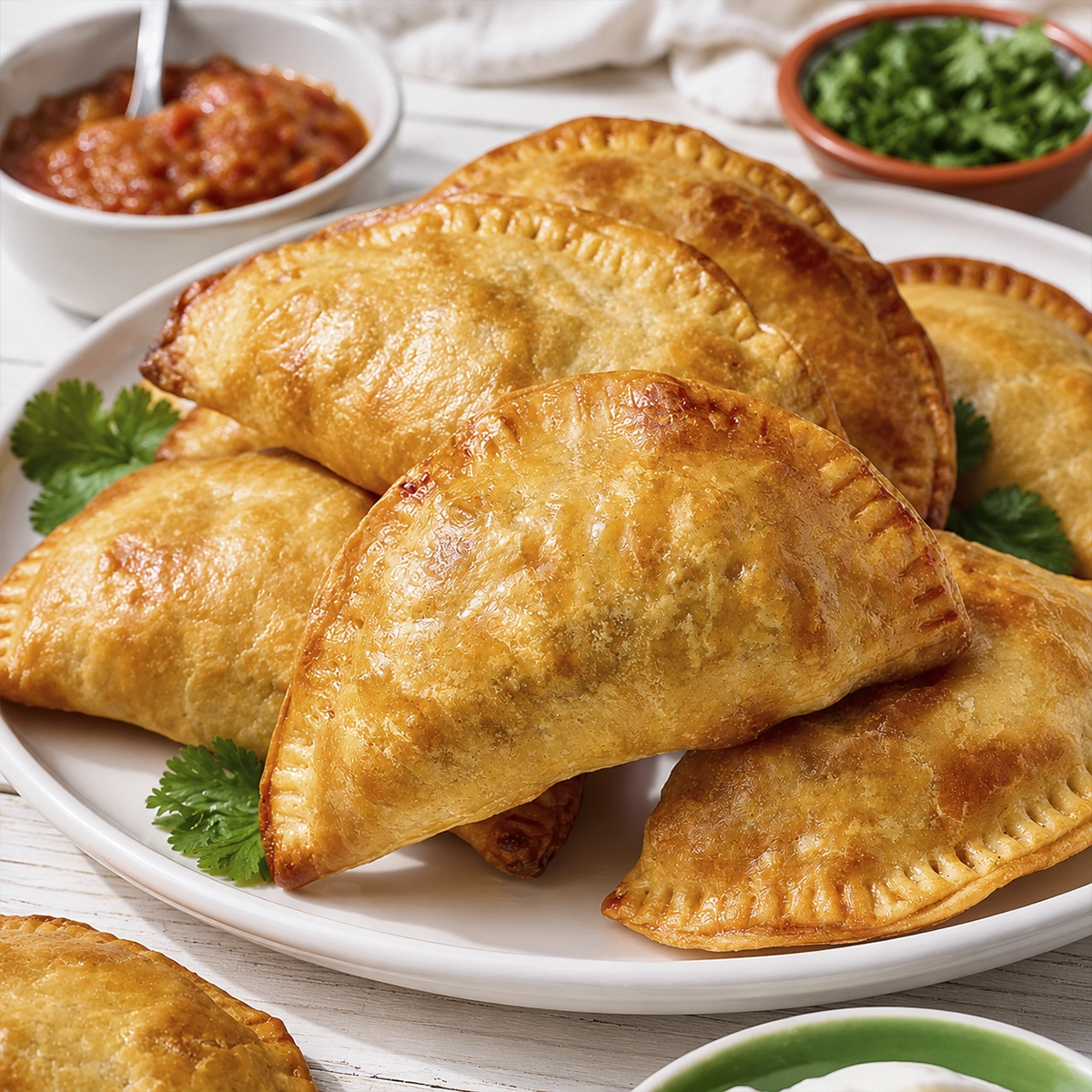 Freshly baked empanadas with a flaky golden crust and seasoned beef potato filling displayed on a white serving plate