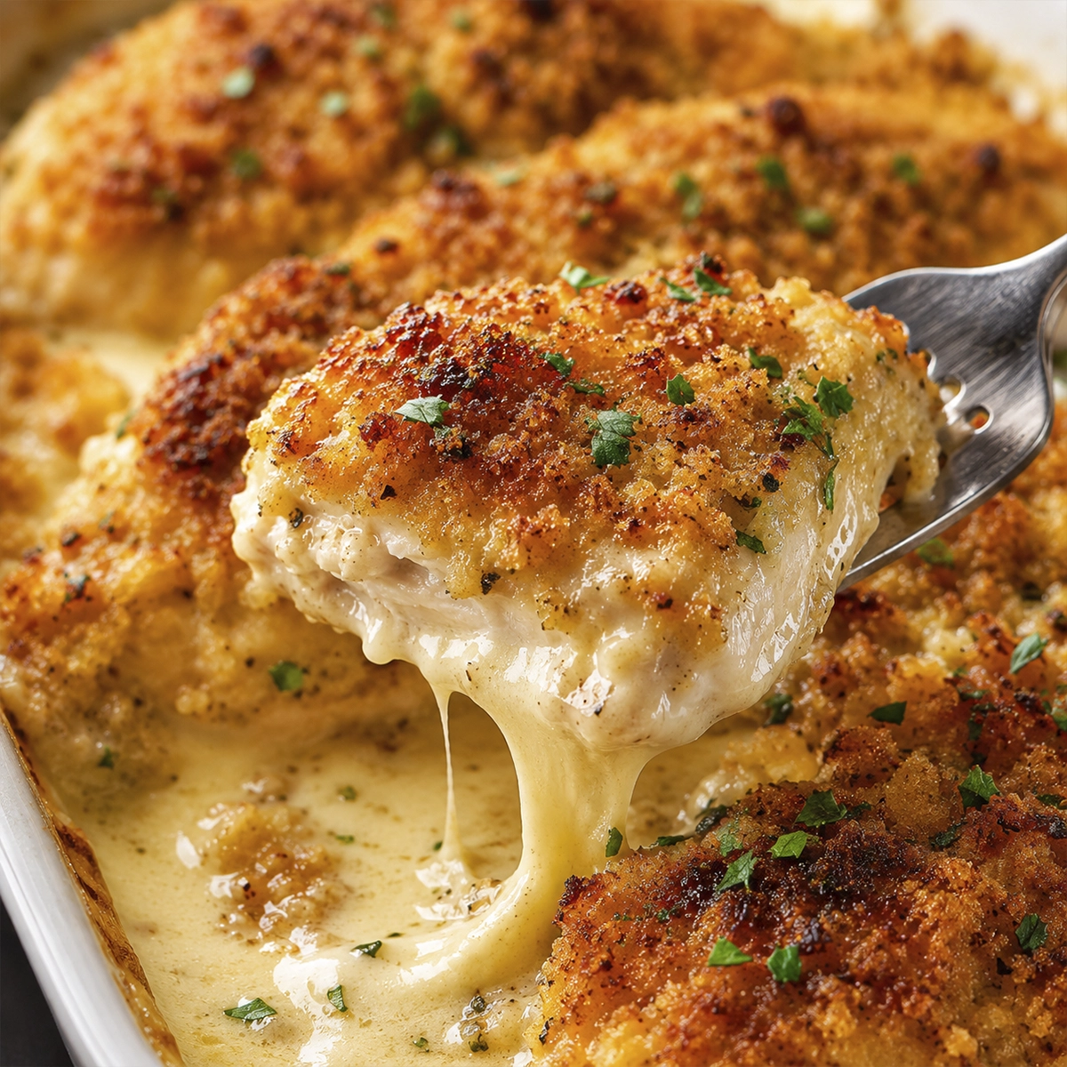 Juicy sliced chicken breast with a golden crispy topping served with steamed broccoli