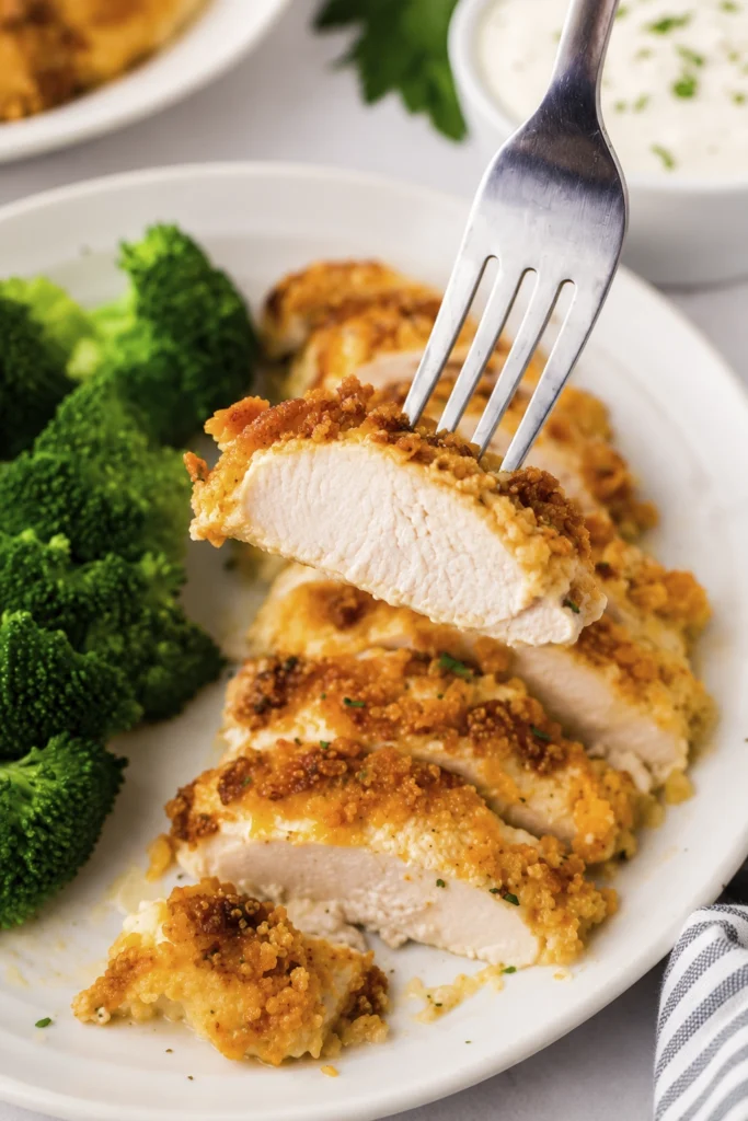 Fork lifting a crispy coated chicken slice from a plate with broccoli and creamy dipping sauce