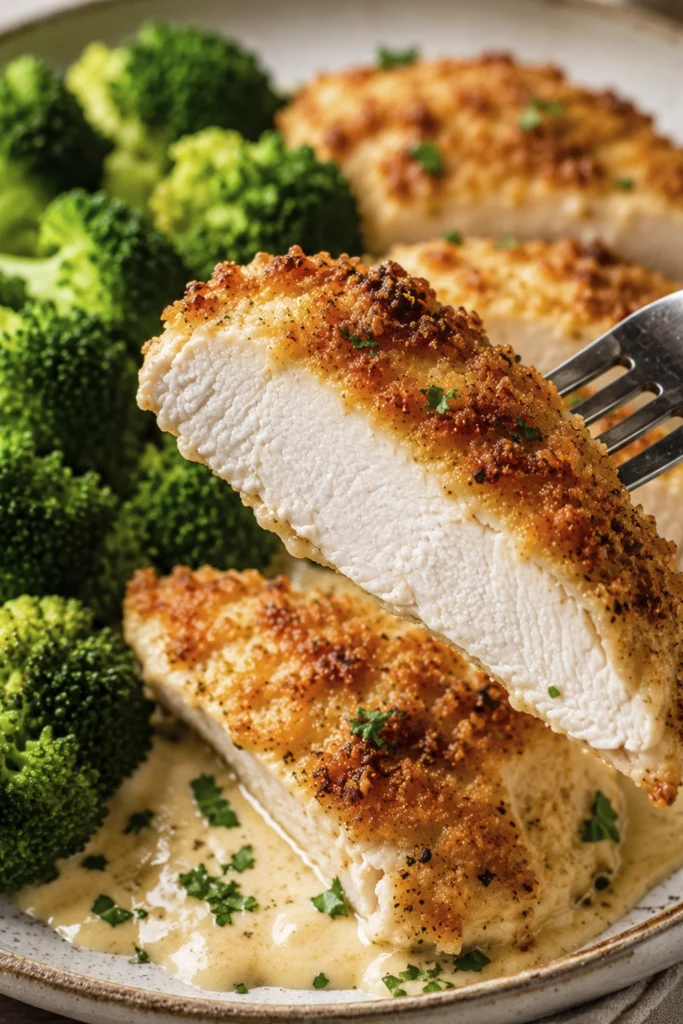 Golden baked chicken topped with melted cheese and crunchy breadcrumbs in a baking dish