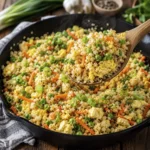 Bowl of cauliflower rice mixed with scrambled eggs, green peas, diced carrots and fresh scallions