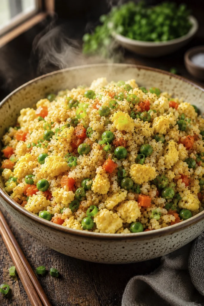 Skillet filled with cauliflower rice, scrambled eggs, peas and carrots served with a wooden spoon