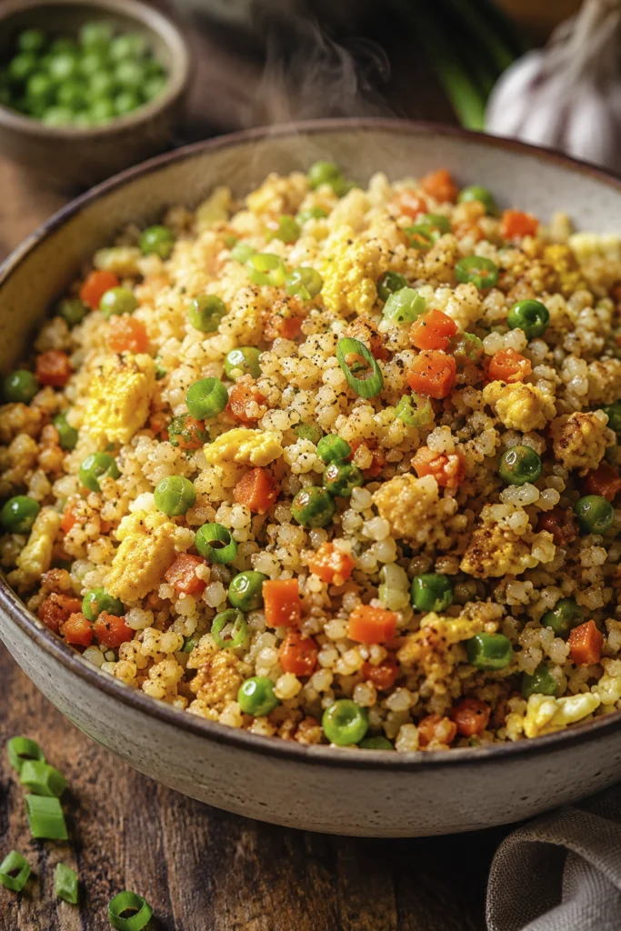 Fresh cauliflower rice stir fry topped with peas, carrots, eggs and sliced green onions in a rustic bowl