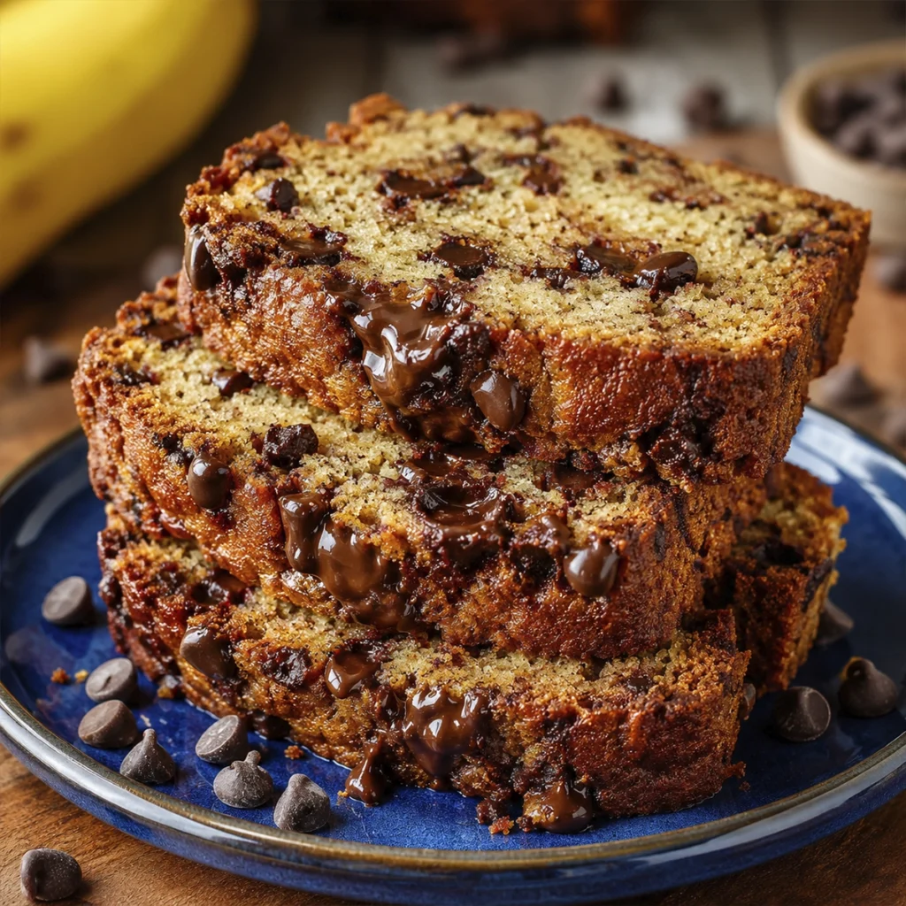 Stacked slices of homemade banana bread with melted chocolate chips on a blue plate