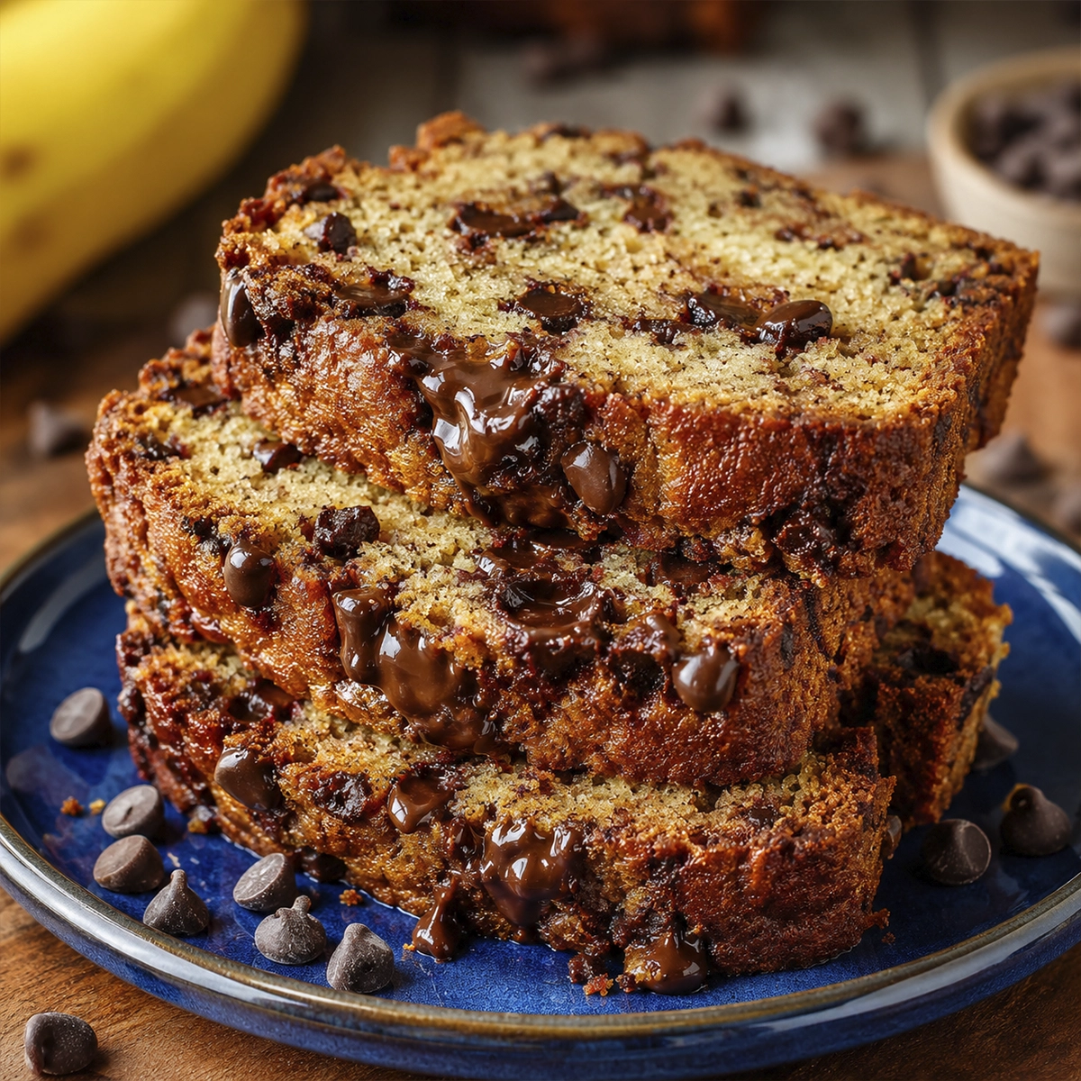 Stacked slices of homemade banana bread with melted chocolate chips on a blue plate