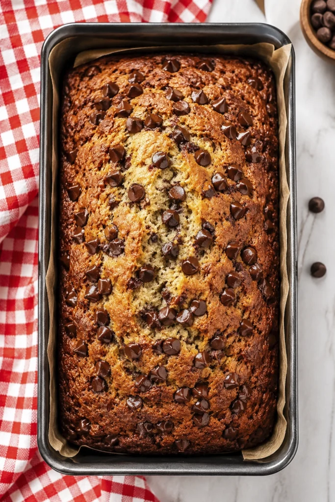 Fresh baked loaf in a pan topped with chocolate chips and a golden cracked crust