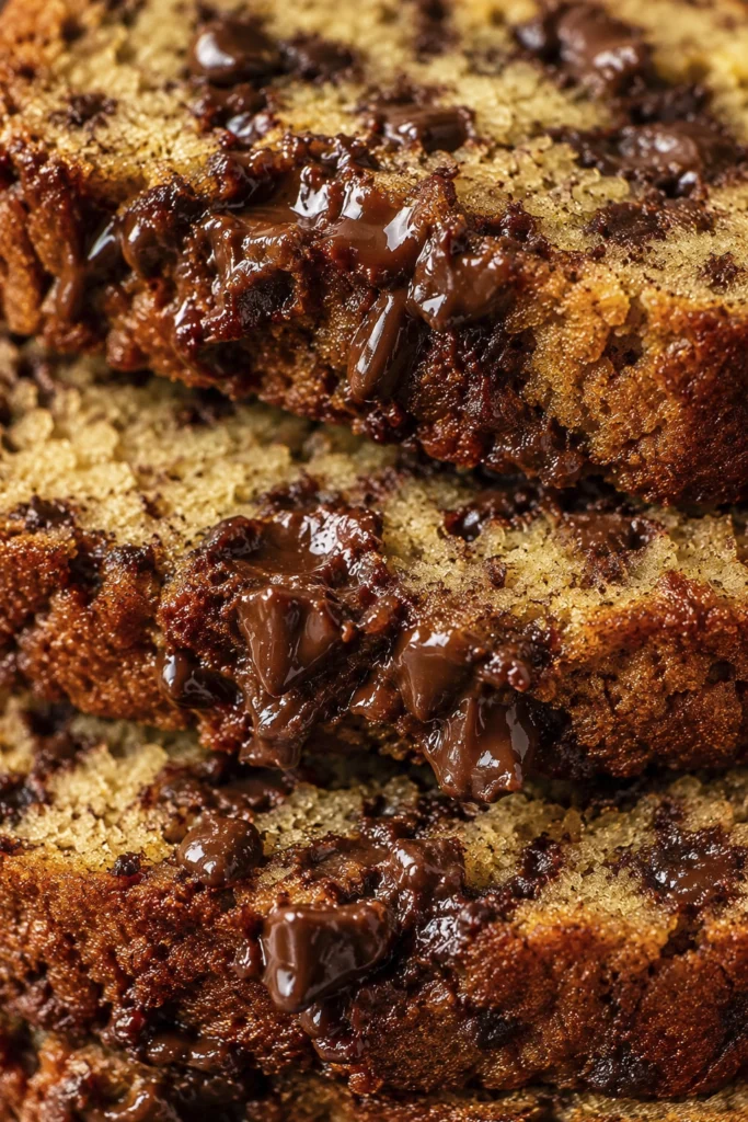 Close up of moist banana bread slices with melted chocolate chips and a rich golden crust