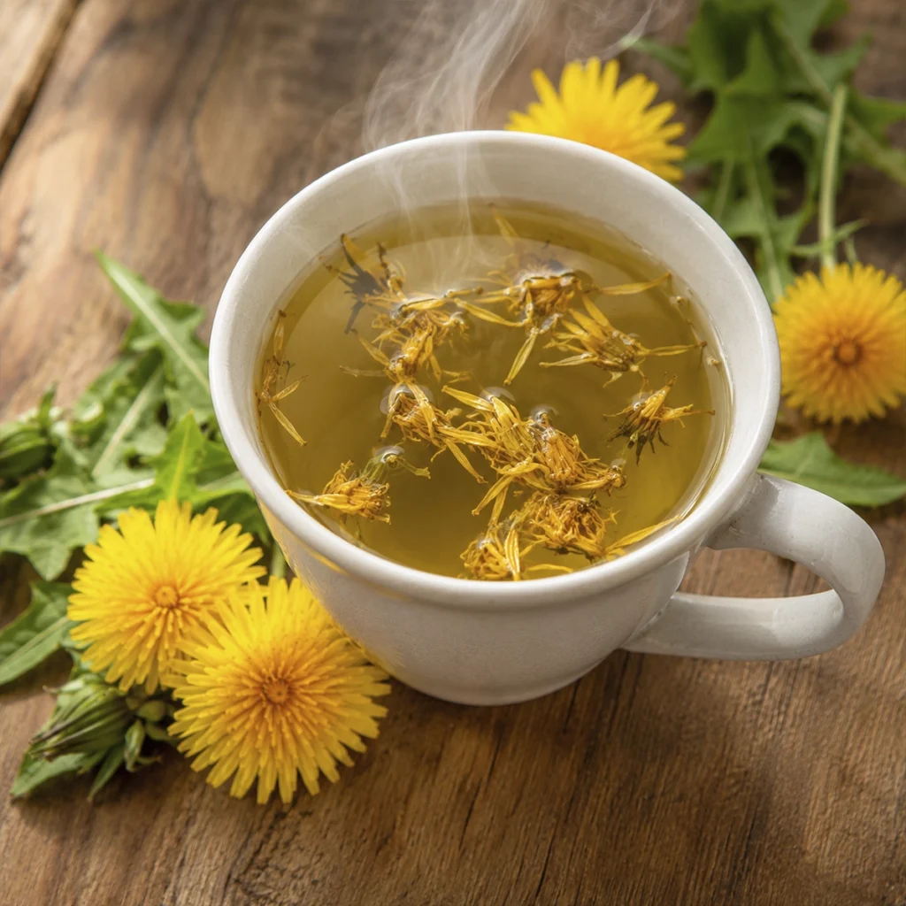 White ceramic mug filled with warm flower infused tea surrounded by fresh yellow blossoms on a wooden surface