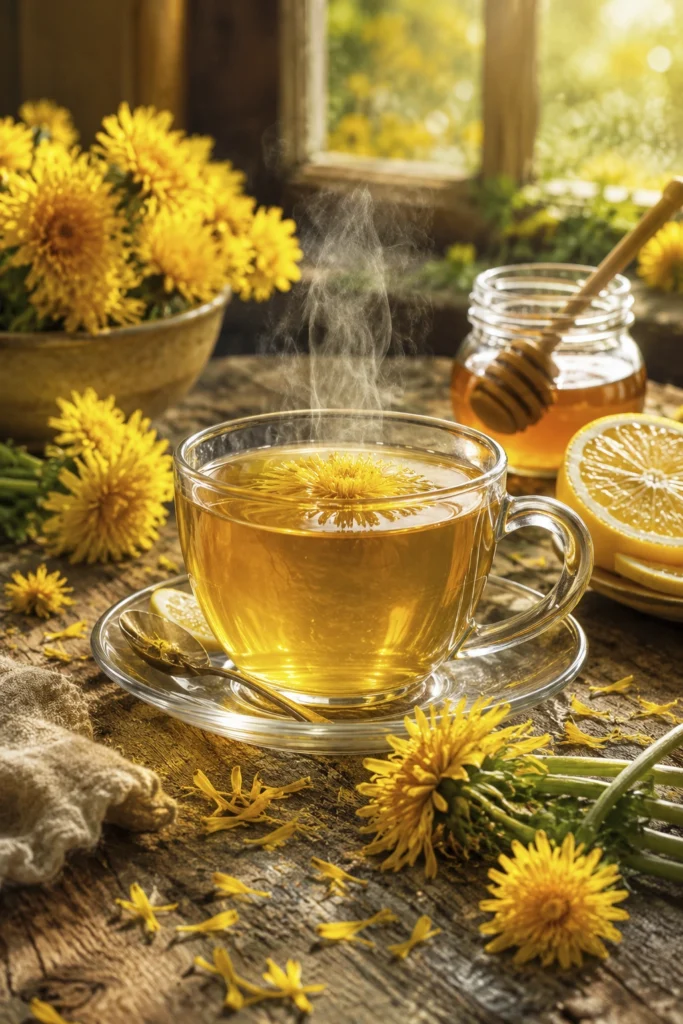 Clear glass teacup filled with warm floral tea beside honey, lemon slices, and fresh yellow blooms