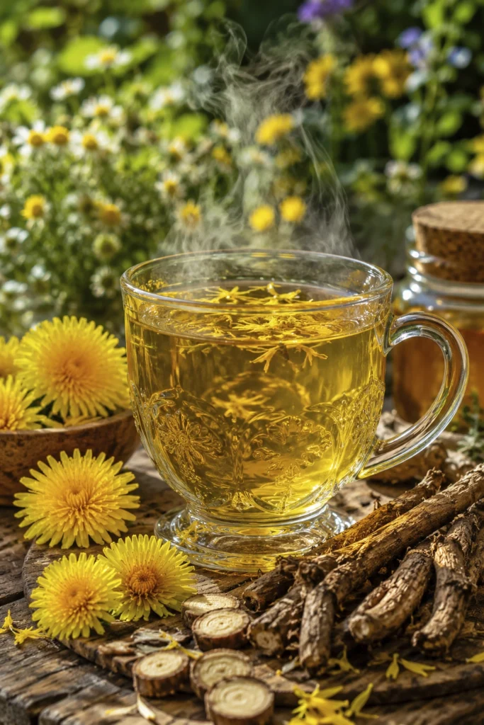 Glass cup of golden herbal tea surrounded by fresh yellow flowers and roasted roots on a rustic wooden table
