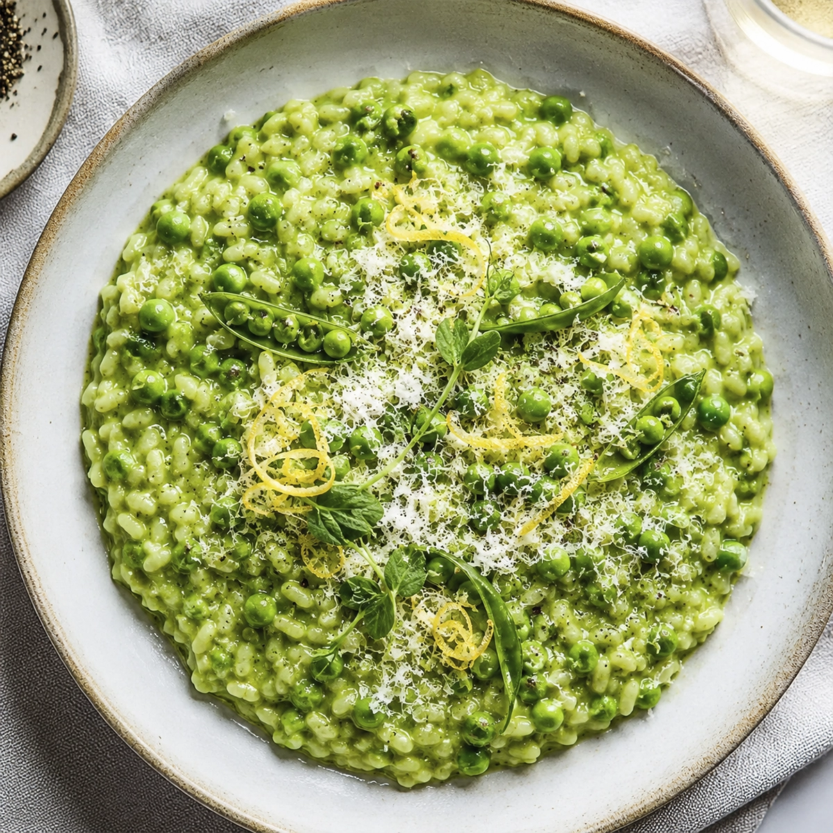 Overhead view of a creamy rice and pea dish topped with Parmesan cheese, lemon zest, and fresh pea shoots