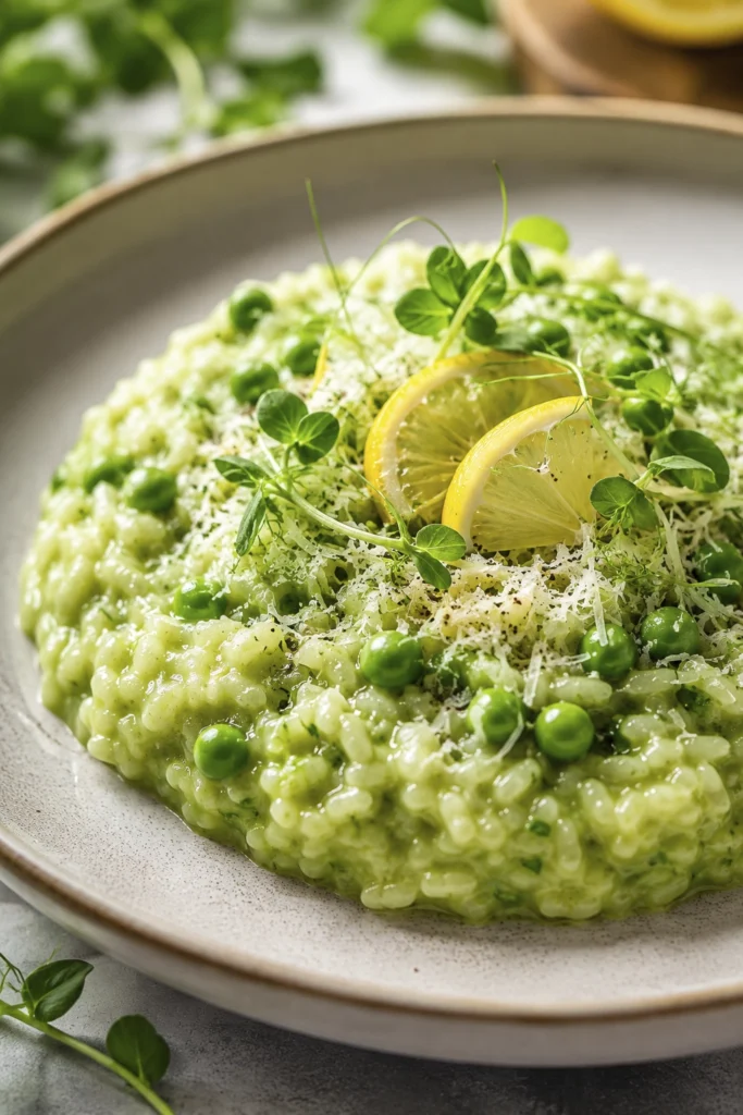 Close up of creamy rice dish garnished with green peas, grated cheese, lemon slices, and fresh pea shoots