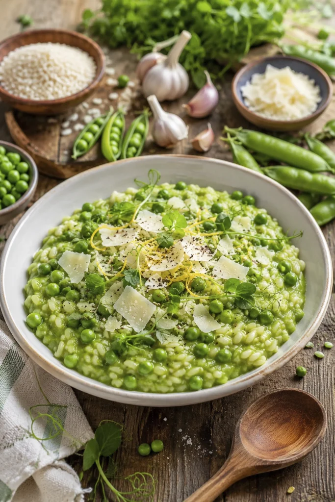 Bowl of creamy Italian risotto topped with sweet peas, Parmesan shavings, lemon zest, and fresh microgreens on a rustic wooden table