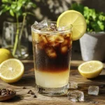 Tall glass of iced coffee with lemon slices and ice cubes on a wooden table in a sunny outdoor café