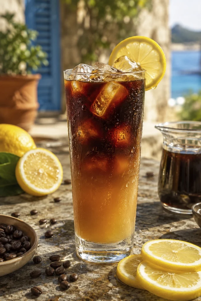 Layered coffee lemonade in a tall glass with fresh lemon slices and coffee beans on a sunlit terrace