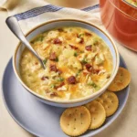 Creamy chicken and potato soup simmering in a Dutch oven surrounded by shredded chicken, bacon, cheese, potatoes, onions, and fresh vegetables.