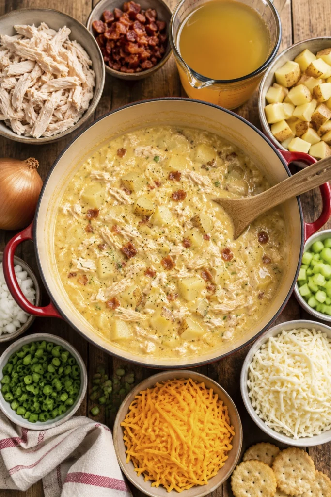 Homemade creamy soup served in a ceramic bowl with shredded chicken, bacon, cheese, and buttery crackers on the side.