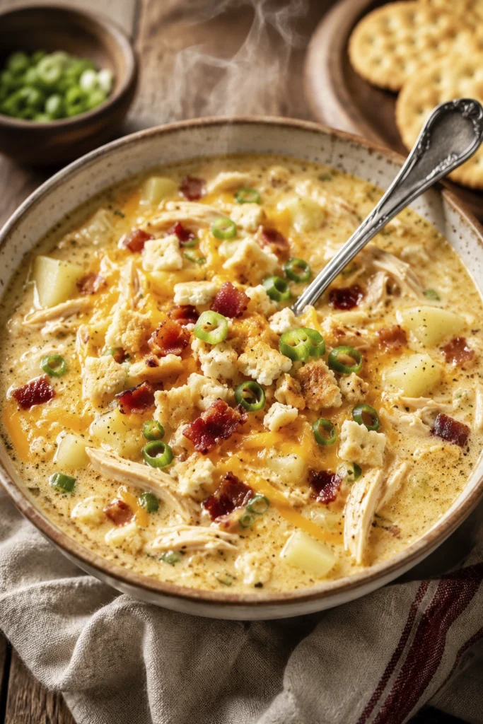 Bowl of creamy chicken soup topped with crispy bacon, melted cheese, green onions, and crunchy cracker pieces.