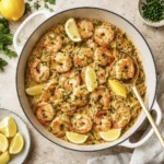 Creamy lemon garlic shrimp served over tender orzo pasta with fresh parsley and lemon wedges