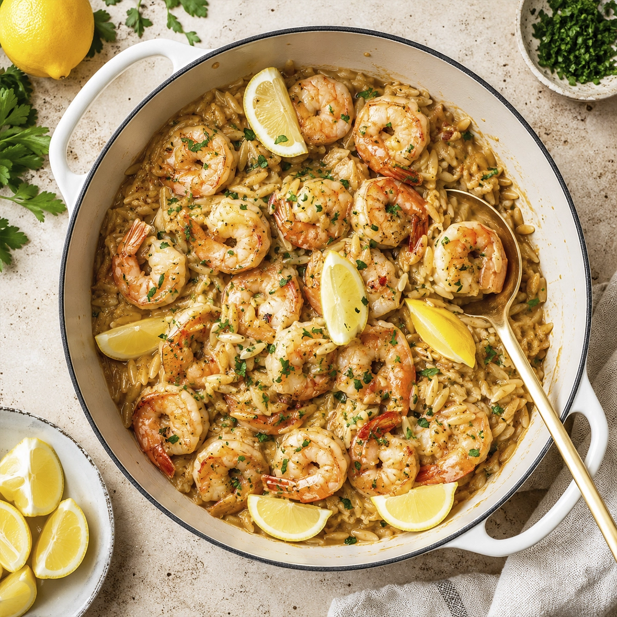 Creamy lemon garlic shrimp served over tender orzo pasta with fresh parsley and lemon wedges