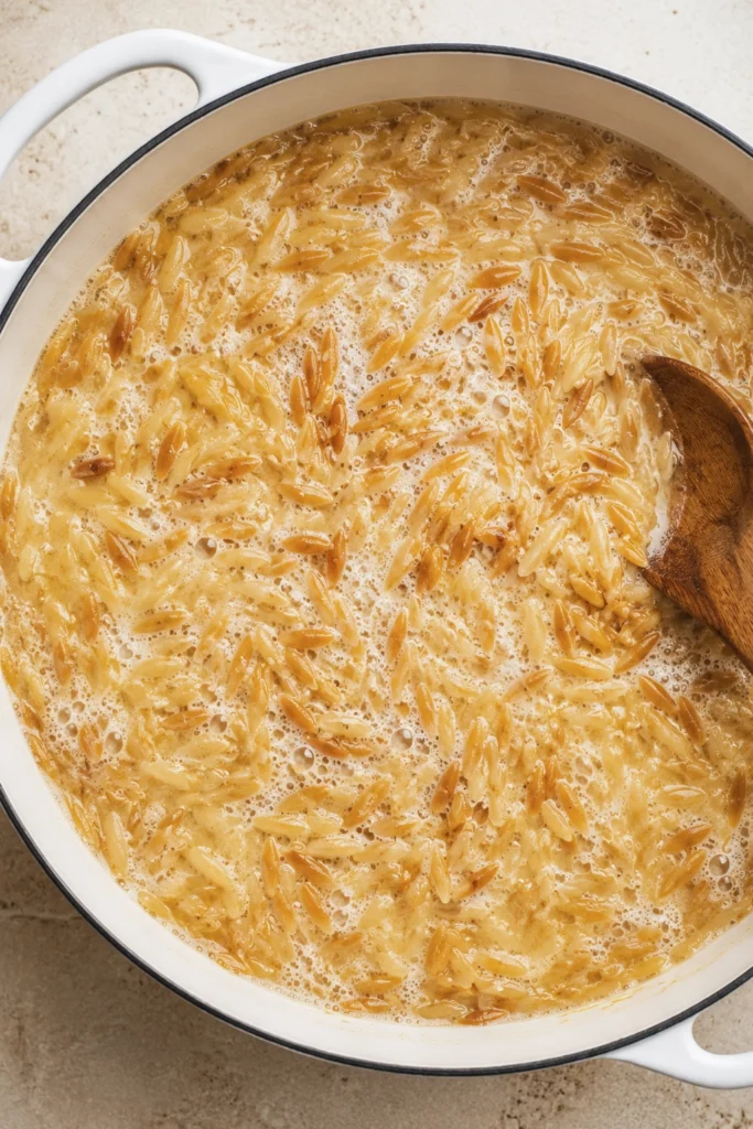 Toasted orzo simmering in flavorful broth in a white Dutch oven