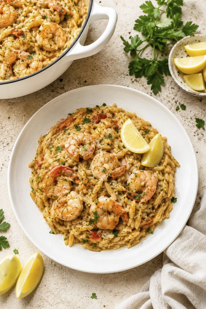 Garlic butter shrimp with creamy pasta garnished with parsley and lemon slices
