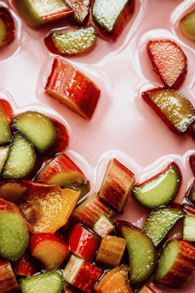 Chopped rhubarb pieces soaking in naturally released juices before cooking