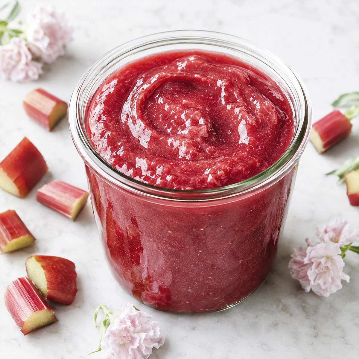 Freshly blended rhubarb puree swirling inside a clear blender pitcher on a bright white surface