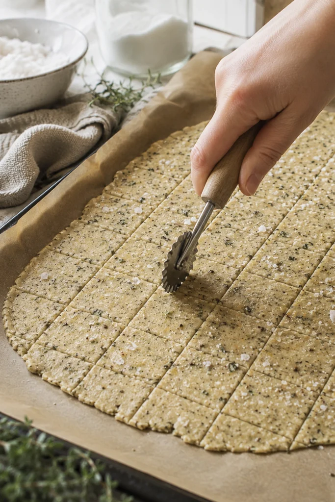 Golden brown homemade crackers arranged on parchment paper after baking