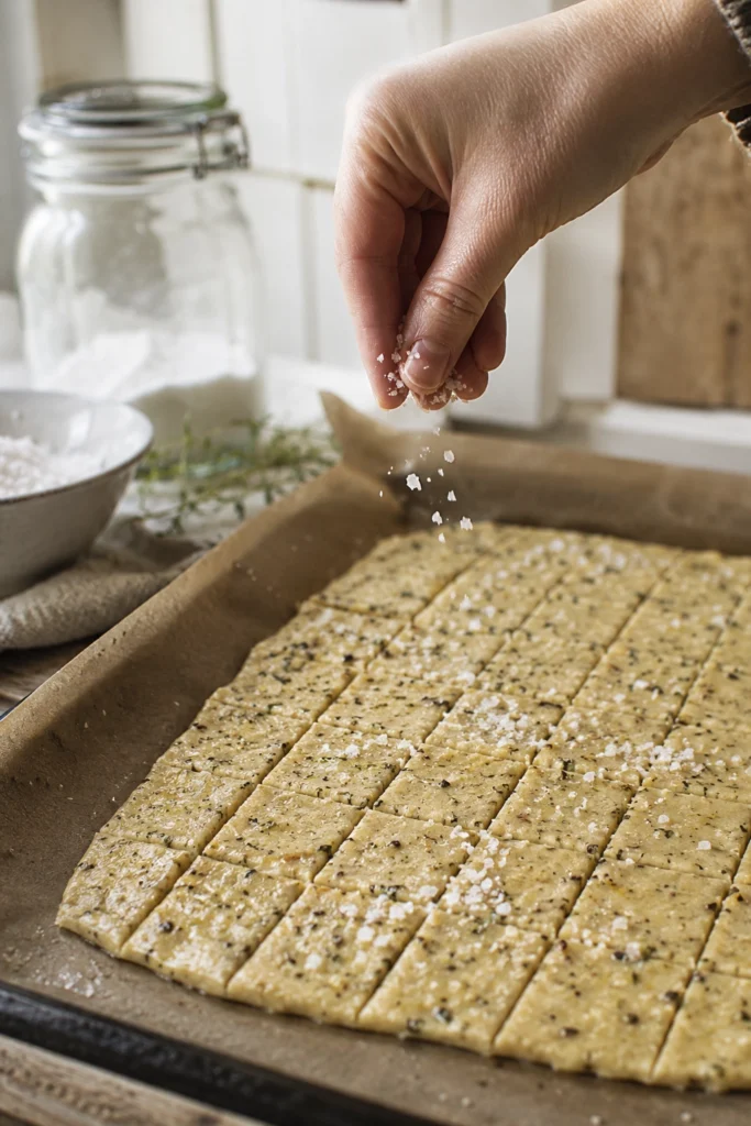 Sprinkling flaky sea salt over seasoned dough before baking homemade crackers