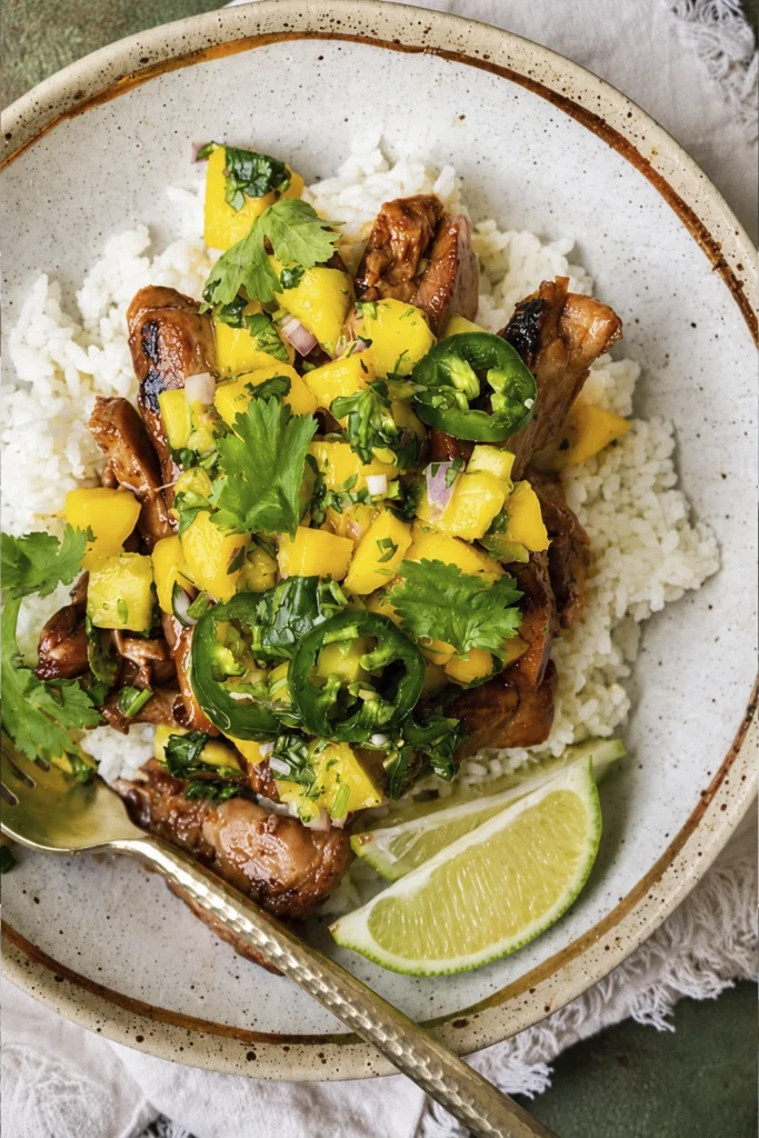 Spicy mango chicken bowl with grilled chicken, white rice, fresh mango salsa, jalapeños, cilantro, and lime wedges served in a rustic ceramic bowl.