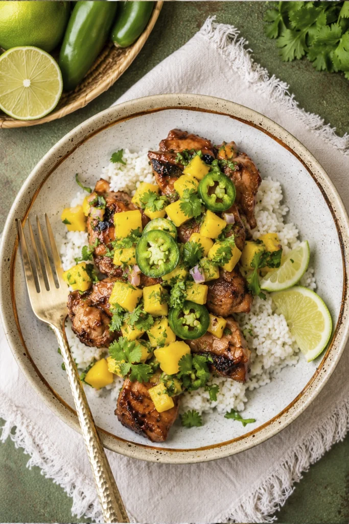 Close-up spicy mango chicken bowl with grilled chicken, white rice, fresh mango salsa, sliced jalapeños, cilantro, and lime wedge in a rustic ceramic bowl.
