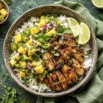 Spicy mango chicken bowl with grilled chicken, jasmine rice, mango salsa, jalapeños, cilantro, and lime wedges served in a rustic ceramic bowl.