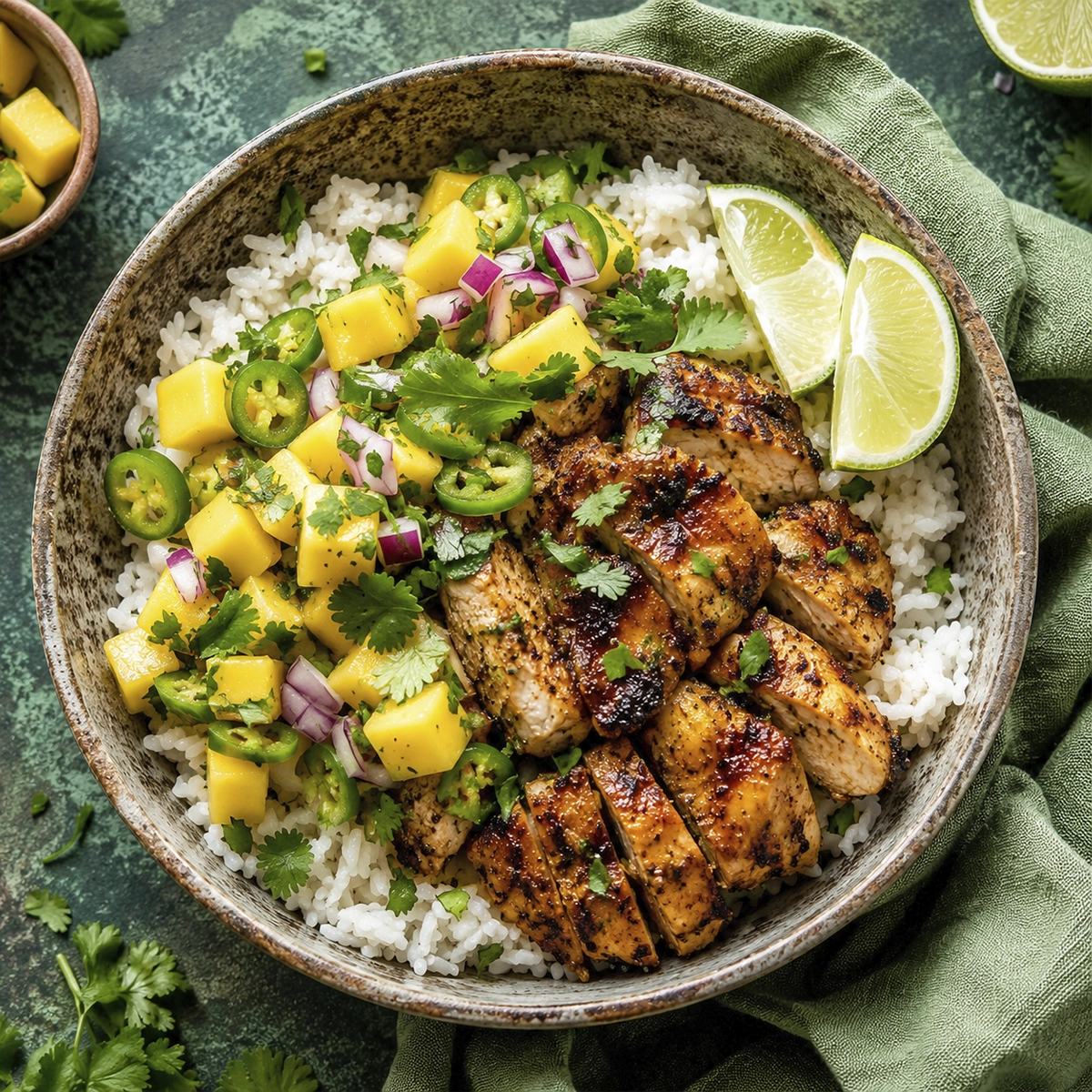 Spicy mango chicken bowl with grilled chicken, jasmine rice, mango salsa, jalapeños, cilantro, and lime wedges served in a rustic ceramic bowl.