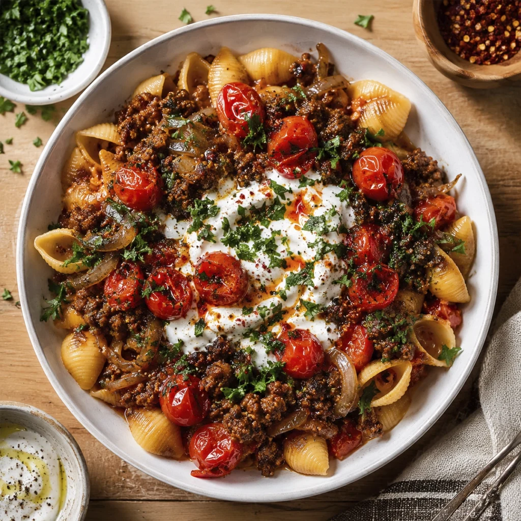 Bowl of shell pasta topped with seasoned beef, creamy herb yogurt sauce, roasted cherry tomatoes, and fresh parsley