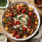 Bowl of shell pasta topped with seasoned beef, creamy herb yogurt sauce, roasted cherry tomatoes, and fresh parsley