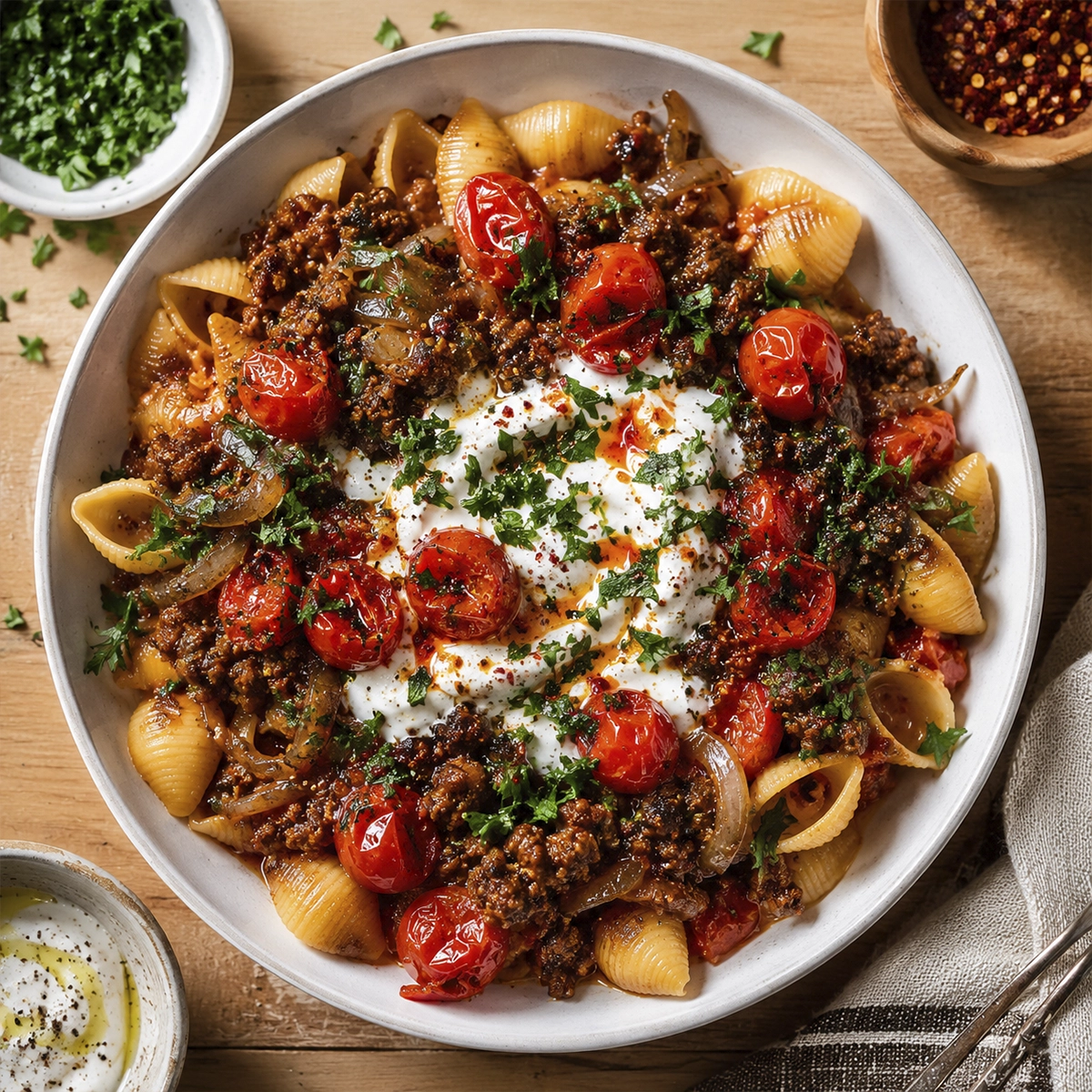 Bowl of shell pasta topped with seasoned beef, creamy herb yogurt sauce, roasted cherry tomatoes, and fresh parsley