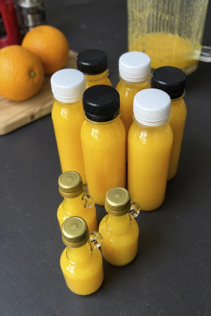 Small glass bottles filled with bright homemade wellness drink arranged on a kitchen countertop