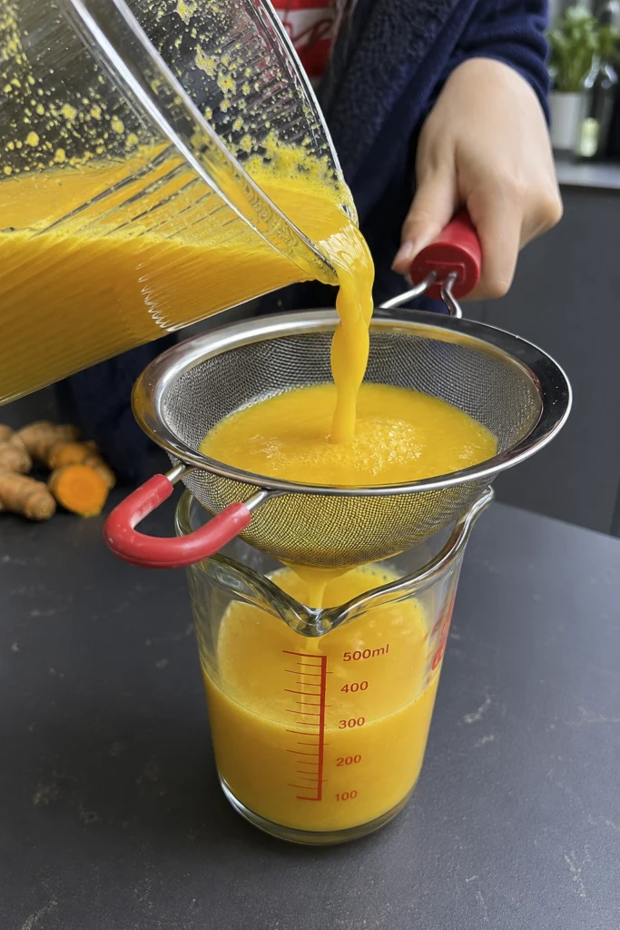 Glass bottles filled with golden citrus and ginger drink beside a funnel and blender pitcher