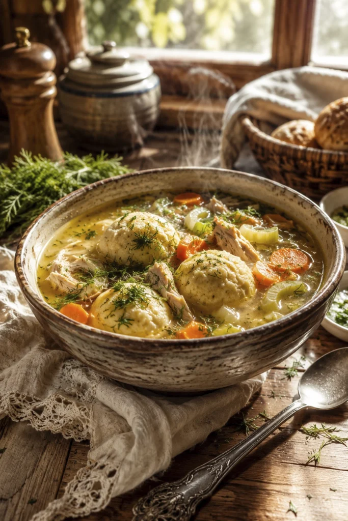 Rustic bowl of homemade chicken soup with fluffy dumplings, fresh dill, carrots, and shredded chicken on a wooden table