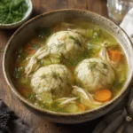 Golden chicken broth with fluffy dumplings, carrots, celery, and fresh dill served in a rustic ceramic bowl