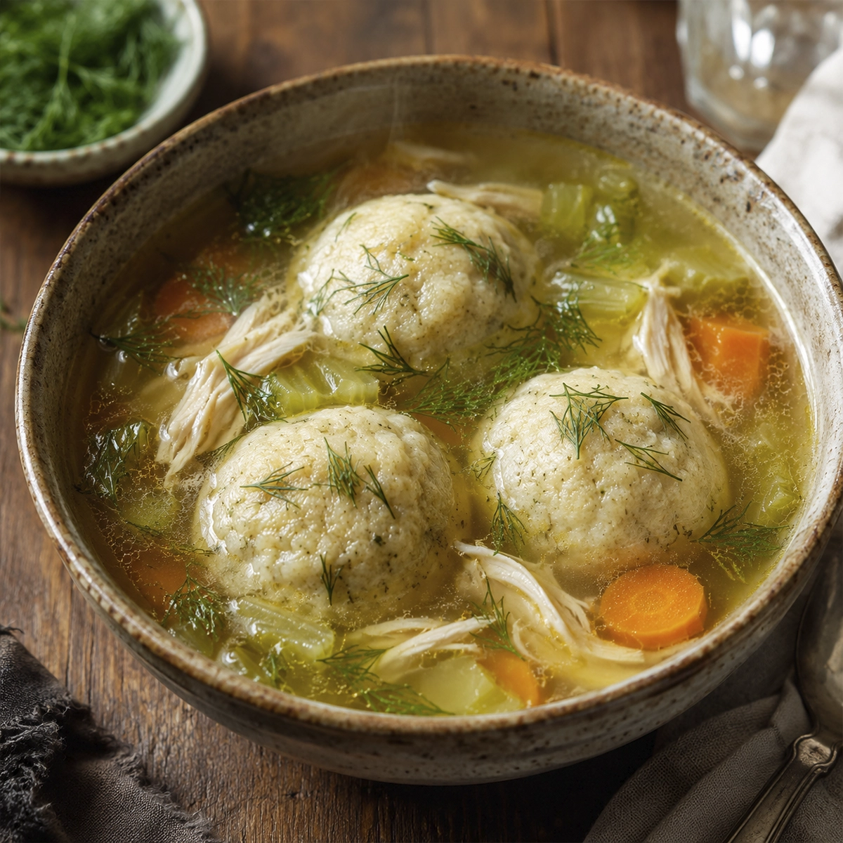 Golden chicken broth with fluffy dumplings, carrots, celery, and fresh dill served in a rustic ceramic bowl