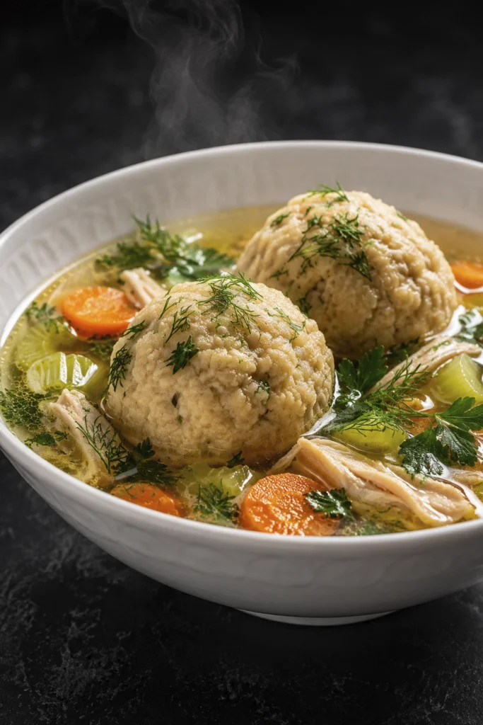 Steaming chicken soup with oversized dumplings, carrots, celery, fresh herbs, and shredded chicken served in a white bowl on a dark stone surface